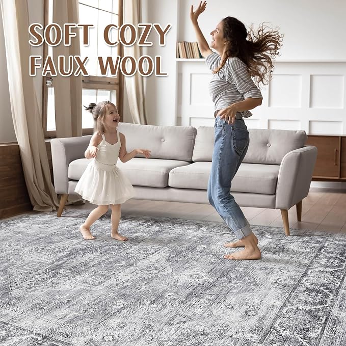 6x9 Area Rugs Living Room: Washable Boho Large Neutral Vintage Soft Rug Stain Resistant Farmhouse Non-Slip Indoor Floor Carpet for Bedroom Nursery Kids Playroom Office Dining Room- Gray