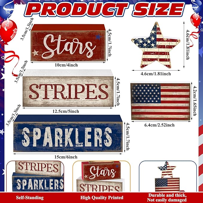 CroBlissful 5 Pcs 4th of July Decorations Patriotic Memorial Day Tabletop Decoration Red White Blue Table Centerpieces Stars Stripes Sparklers Sign for Office Tiered Tray Home Shelf 250th Anniversary