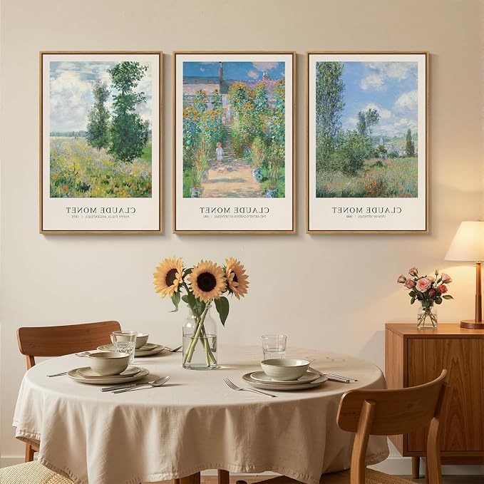 3 Piece Framed Monet Landscape Wall Art for Living Room, Vintage Impressionist Nature Canvas Prints Painting, Classic Tree Picture Artwork Decor for Bedroom Hallway 16x24 Inch