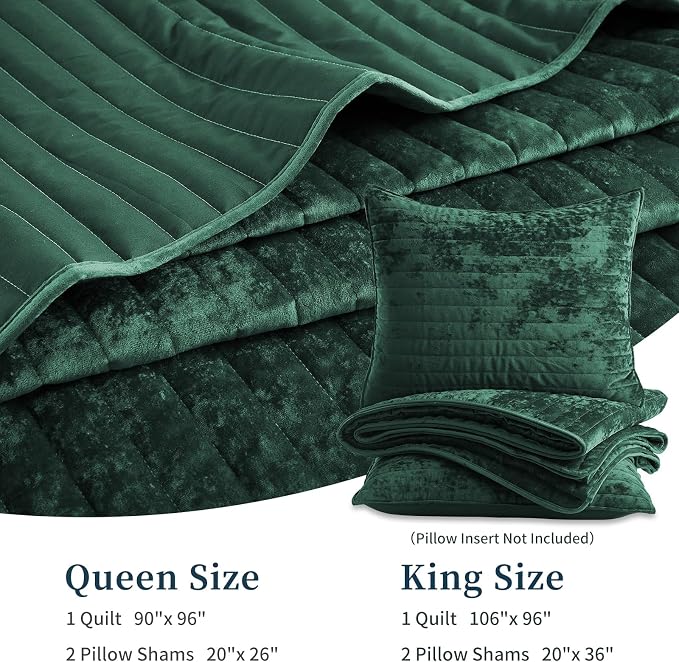 Luxury Soft Velvet Quilt Set King Size - Lightweight Velvet Bedding Set for All Season, Oversized Bedspread Coverlet Comforter Set with 2 Pillow Shams, Green, Striped