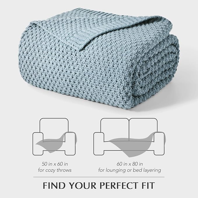 EVERGRACEHOME Chunky Chenille Knit Throw Blanket for Couch, Soft Luxurious Moss Stitch Blankets for Bed, Cozy Decorative Farmhouse Knitted Throws for Sofa, Chambray Blue, 50" x 60"