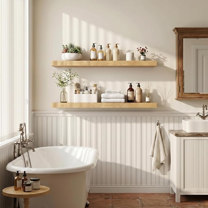 Fun Memories 40" Floating Shelves for Wall, 8 Inch Deep Floating Shelf for Books, Deep Bathroom Shelves Wall Mounted, Rustic Display Shelf for Kitchen, Bedroom, Living Room, Oak Color, 2 Pack