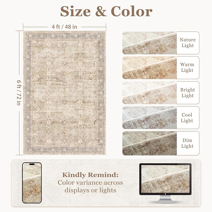 Beige 4x6 Washable Rug, Small Area Rugs for Entryway Kitchen Bathroom with Rubber Backing Non Slip, Vintage Neutral Low Pile Thin Throw Carpet Rug for Foyer/Nursery/Home Office/Living Room