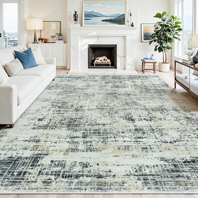10x12 Area Rugs for Living Room Washable Rug: Anti-Skid Abstract Modern Living Room Rug Soft Thin Carpets Indoor Floor Non-Shedding Carpet for Bedroom Dining Farmhouse Nursery Black Gray Gold