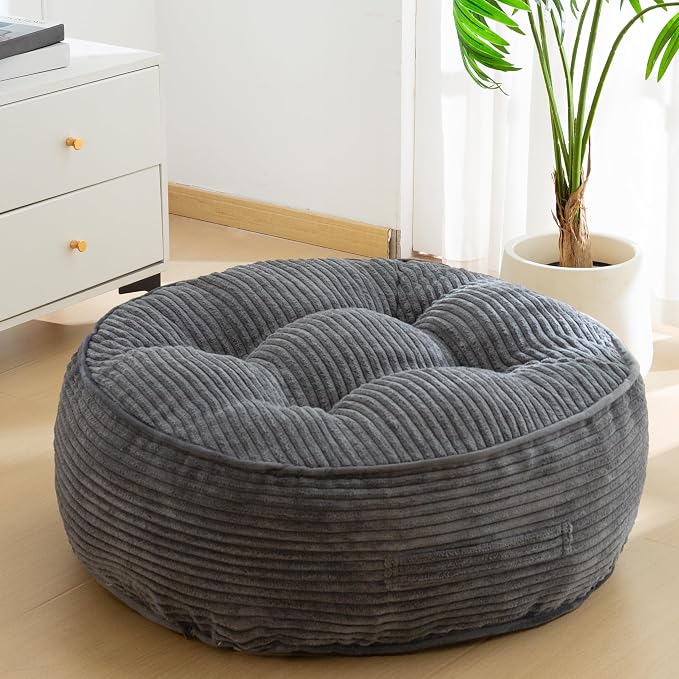 HIGOGOGO 8" Extra Thick Floor Pillow Cushion for Adults, Meditation Cushion Pillow, Large Round Floor Sitting, Tufted Corduroy Cover, for Tatami Living Room or Yoga, 22x22 Inch, Dark Grey