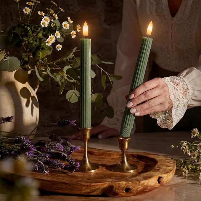 12 Pack, 10" LED Flameless Real Wax Sage Olive Loden Green Fluted Ribbed Grooved Taper Candles, Remote & 24h Timer Memory, On/Off Button, Dimmable, Flicker Mode, Battery Operated, Wedding