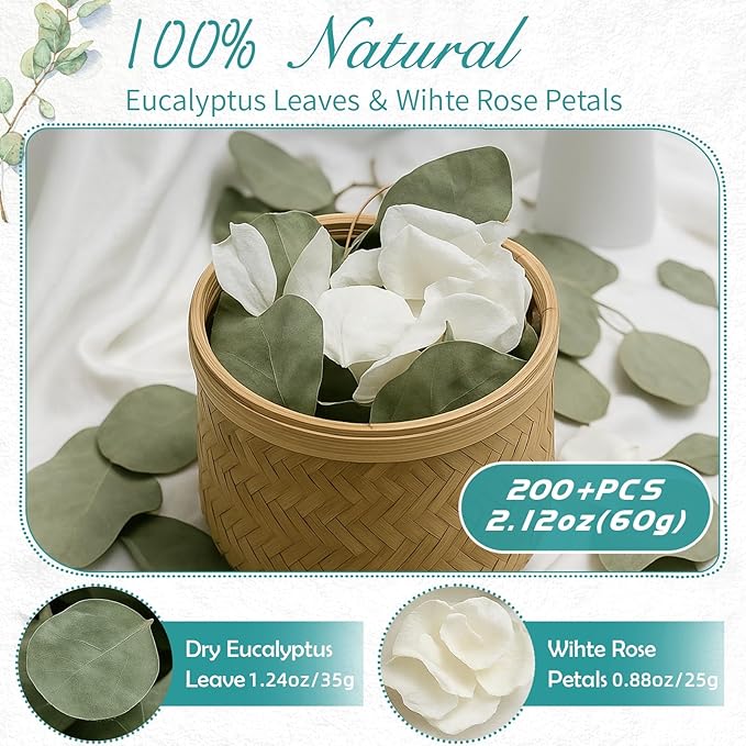 Eslibin Real White Rose Petals & Natural Eucalyptus Leaves 2.12oz, Freeze Dried Flower Petals Confetti for Wedding Flower Girl, Aisle Table Centerpieces Garden Cake Bridal Shower Decor