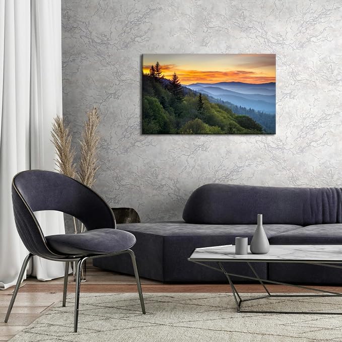 Great Smoky Mountains Canvas Wall Art Nature Forest Sunrise Wall Decor for Living Room National Park Photographic Prints Painting Misty North Carolina Landscape Pictures Artwork Home Decoration 24x36"