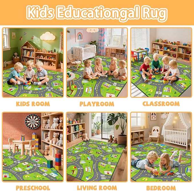 Car Play Rug City Life Traffic Road Kids Rug, Educational Road Carpet Kids Play Mat for Floor Nursery Toddler Preschool Bedroom Living Room Playroom, 3x5 Feet, Green