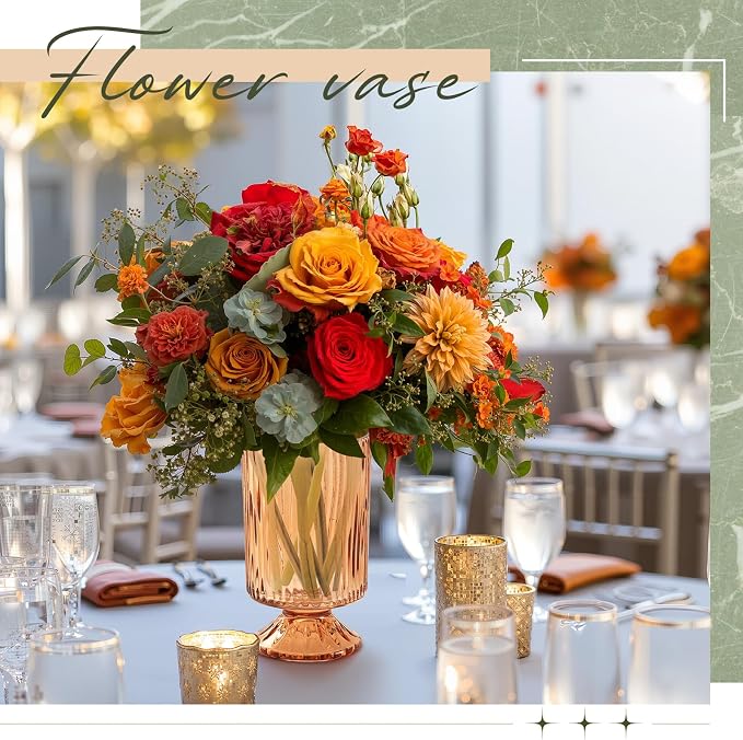 6 Pcs (H: 7" W: 4") Embossed Flower Vase Pedestal Glass Vase Big Base Thickened Crystal Vintage Vases for Wedding Party Home Decor Table Centerpiece House Warming Gifts (Amber,Classic)