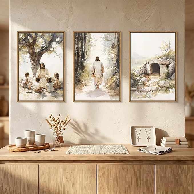 Large Jesus Teaching Children on Path Framed Canvas Wall Art,Empty Tomb Christian Wall Decor,Spiritual Religious Bible Artwork for Living Room,Bedroom,Dining Room,Office-24 x36 x3