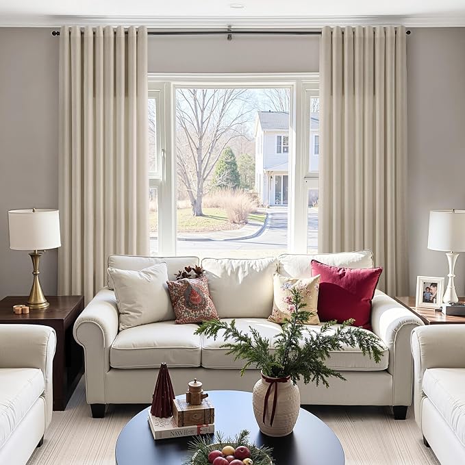 Cobblestone Linen Curtains 108 Inches Long for Living Room Floor to Ceiling Semi Sheer Grommet Extra Long Window Curtain Modern Farmhouse Neutral Drapes for Bedroom Dining Room 52x108, 2 Panel