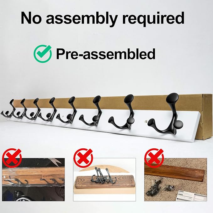 WEBI Coat Rack Wall Mount,24" Solid Wood Coat Hooks Wall Mounted Coat Hanger,16" Hole to Hole,Heavy Duty Hook Rack Rail,4 Triple Hooks for Hanging Coats,Jacket,Clothes,Hat,Backpack,White,2 Packs