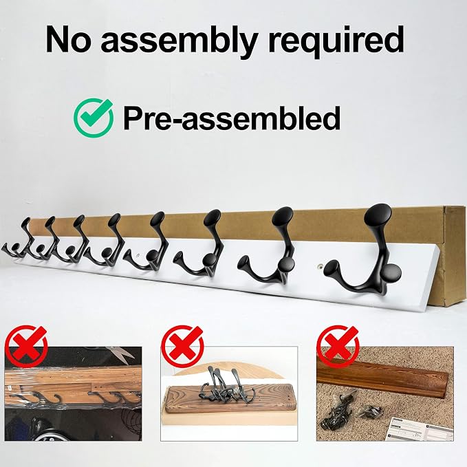 WEBI Coat Rack Wall Mount,36" Solid Wood Coat Hooks Wall Mounted Coat Hanger,16" Hole to Hole,Heavy Duty Hook Rack Rail,6 Triple Hooks for Hanging Coats,Jacket,Clothes,Hat,Backpack,White