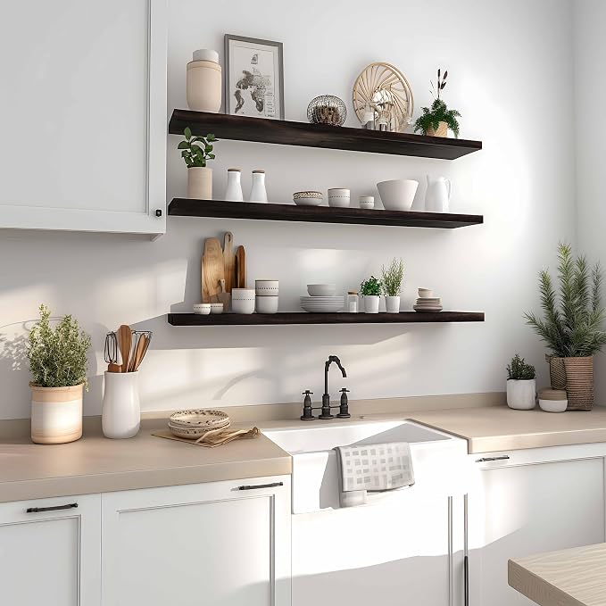 YYWUOJJ Wood Floating Shelves for Wall Decor, Rustic Wall Shelves for Bedroom Bathroom Kitchen Living Room, Set of 4 Walnut 36 Inch