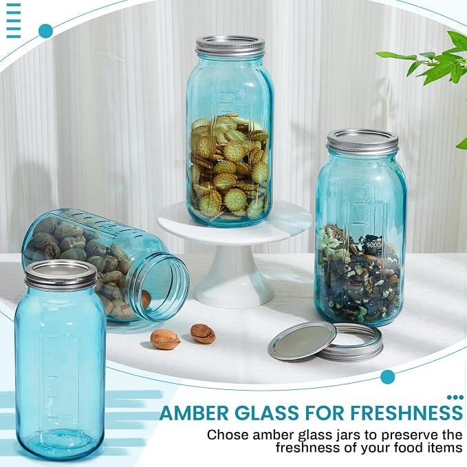 Norme 3 Pcs 64 oz Glass Mason Jars Glass Mason Jars Canning Container Set Embossed Half Gallon Fermenting Container with Airtight Lids for Canning Freezing Preserving Beverages Decor (Blue)