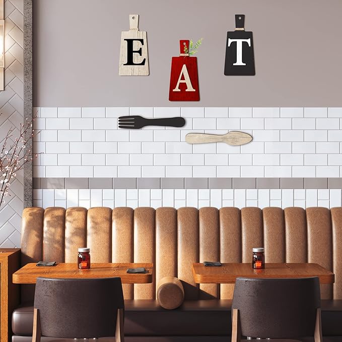 Jetec Cutting Board Eat Sign Set Hanging Art Kitchen Eat Sign Farmhouse Fork and Spoon Wall Decor Rustic Primitive Country Kitchen Decor for Home over Cabinet Decoration(Red, Black, Beige)