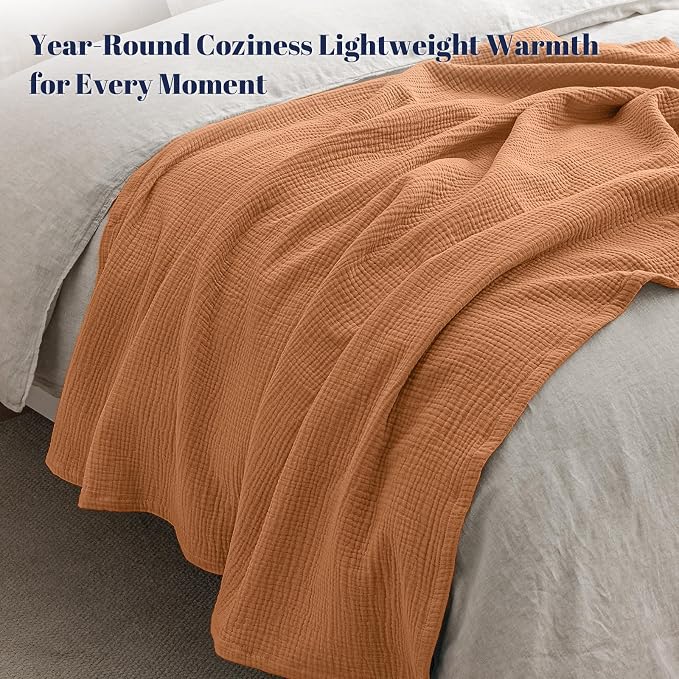 PHF 100% Cotton Muslin Blanket Queen Size 90"x90", 4-Layer Lightweight Gauze Throw, Breathable Cloud-Soft Minimalist Blanket for Bed, Couch, Camping, Caramel, Ideal Gift