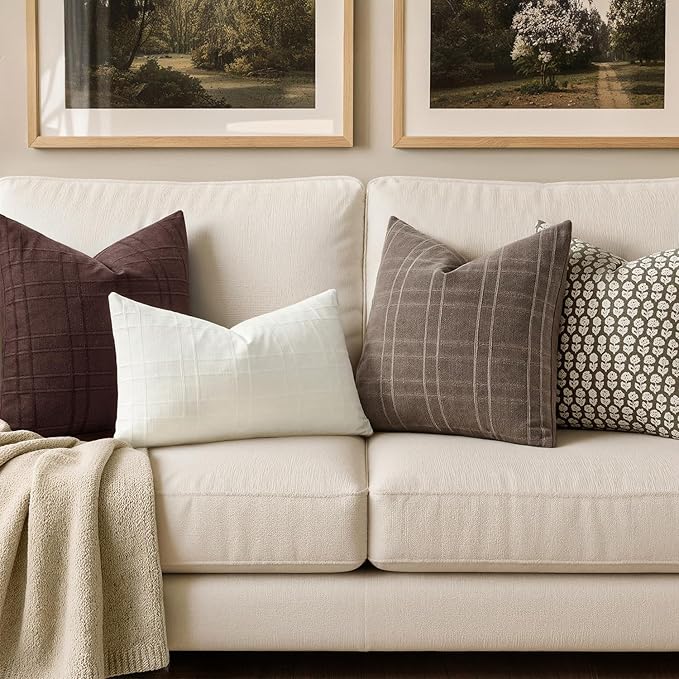 MIULEE Decorative Linen Check Throw Pillow Covers Neutral Farmhouse Vintage Pillow Covers 18x18 Set of 2 Boho Modern Winter Home Decor for Sofa Couch Bedroom Cushion Dark Brown