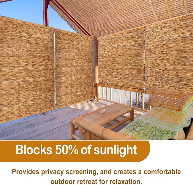 DoubleFill 2 Pcs Bamboo Shades Outdoor Reed Roll up Blinds 60" W x 72" H Blackout Sunshade Cordless Bamboo Blinds for Home Porch, Patio & Windows Decor Shutters Sunlight Privacy Screen(Carbon Brown)