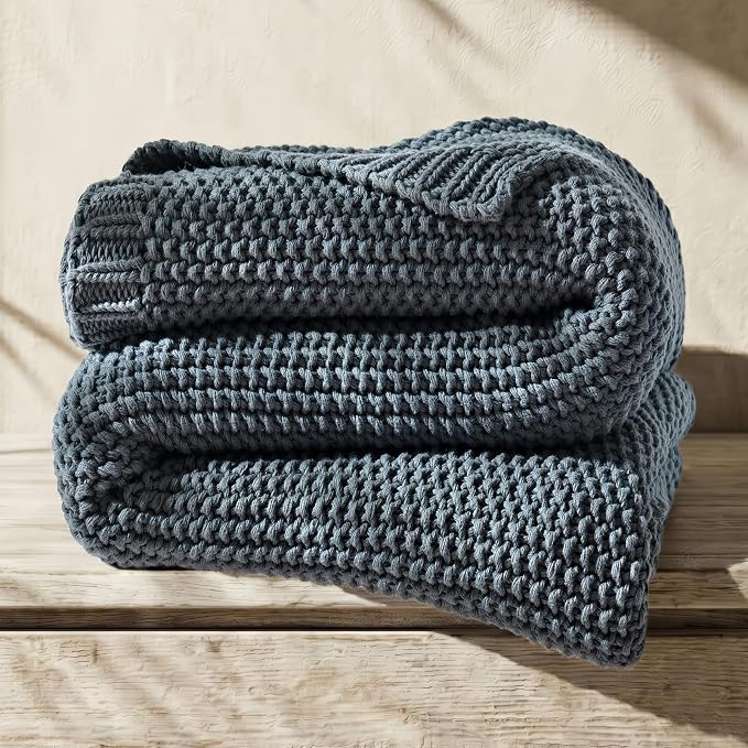 EverGrace Organic Cotton Chunky Knit Throw Blanket, 50 x 60 Dusk Blue | OCS Certified Organic Cotton, Seed Stitch Knit, Soft & Breathable, Cozy Midweight, Decorative Throw for Couch, Bed & Sofa
