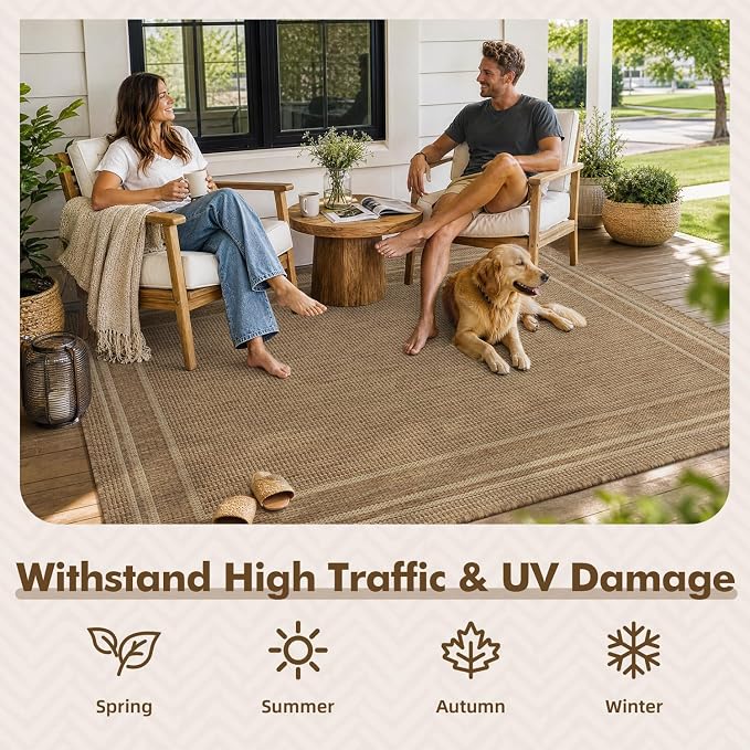 MontVoo-Outdoor Rug-Patio Rug 4x6 ft Polypropylene Indoor Outdoor Rugs Outdoor Carpet for Patio Deck Balcony Porch, Textured Weave, Durable for High Traffic, Fade-Resistant, Modern Neutral Brown