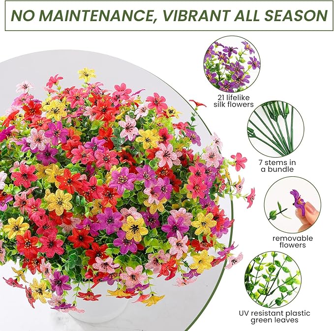 SHareconn 24 Bundles Artificial Flowers for Outdoors Spring Decoration, Fake Silk Realistic Faux Plants UV Resistant for Outside Planter Porch Patio Indoor Decor, RedRosePurpleYellowPink