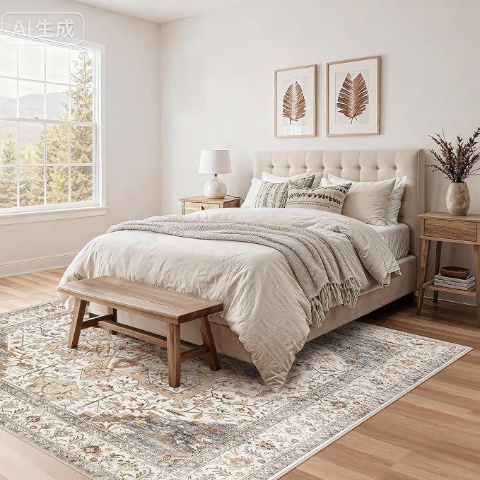 Tortania 8' Square Area Rug Living Room Rugs - Washable Boho Rug Vintage Oriental Distressed Farmhouse Large Thin Indoor Carpet for Bedroom Under Dining Table Home Office - Orange Multi
