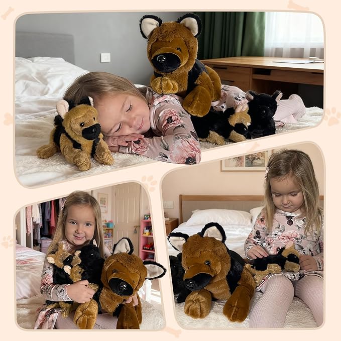 MorisMos 4Pcs German Shepherd Stuffed Animals, 18 Inch Mommy with 3 Puppies, Soft Fluffy Animal Dog Plush Toys Gifts for Kids, Dog Lover