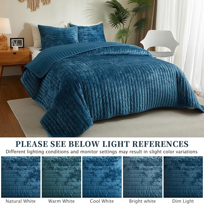 Luxury Soft Velvet Quilt Set Queen Size - Lightweight Velvet Bedding Set for All Season, Oversized Bedspread Coverlet Comforter Set with 2 Pillow Shams, Blue, Striped