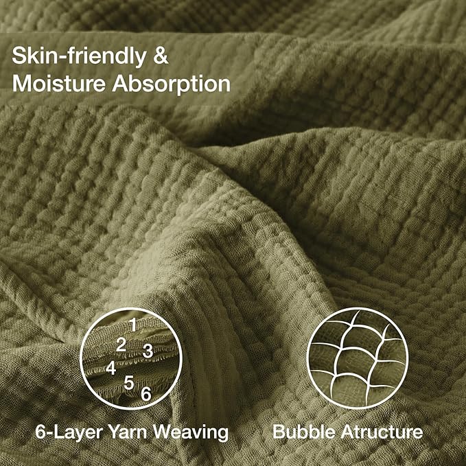 100% Cotton Muslin Blanket King 108" x 90", Breathable and Lightweight Cotton Throw Blanket for Bed, Soft Cooling Summer Gauze Blanket for Adults All Season, Olive Green