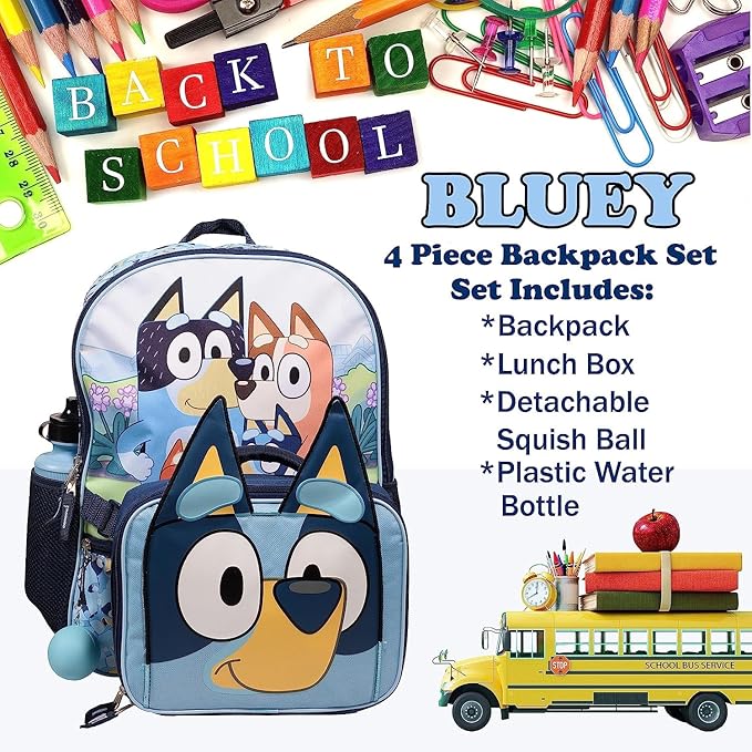 AI ACCESSORY INNOVATIONS Bluey 4 Piece Backpack Set for Pre School Girls & Boys, Kids 16" School Bag