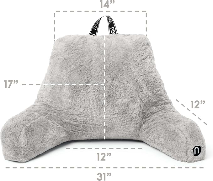 Nestl Fur Reading Pillow with Laptop Lap Desk, Stylish Back Pillow for Sitting Up, Lap Desk with Reading Pillows for Sitting in Bed Adult & Kids, Faux Fur Chair Pillow with Arms - Light Grey