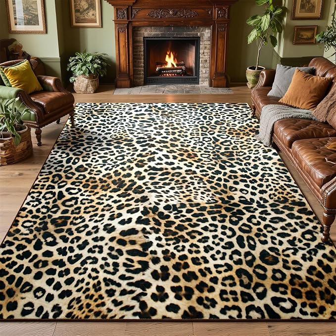 DweIke Leopard Print Rug for Living Room, Machine Washable 5x7 Cheetah Area Rugs for Bedroom, Non-Slip Low Pile Animal Hide Carpet with Rubber Backing for Dining Room Kitchen Home Decor,White Brown