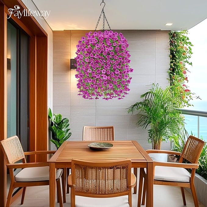 Artificial Hanging Flowers for Outdoors Spring Summer Decoration, 8PCS UV Resistant Silk Fake Hanging Plants for Patio Porch Front Yard Window Garden Indoor Decor(Purple,8PCS)