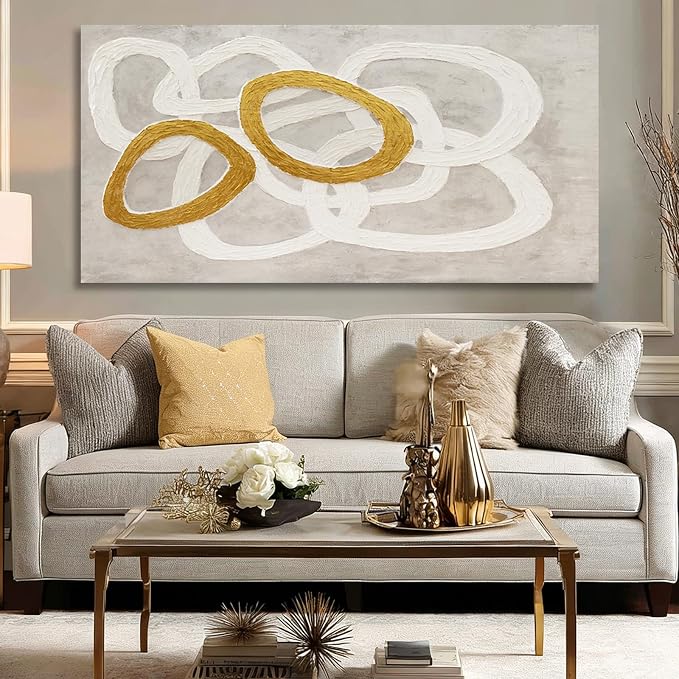 Dolidoteart Canvas Wall Art, Beige White Gold Abstract Wall Art Print, Hand-Painted Style Horizontal Artwork for Living Room Bedroom Office, 24x48 Inch