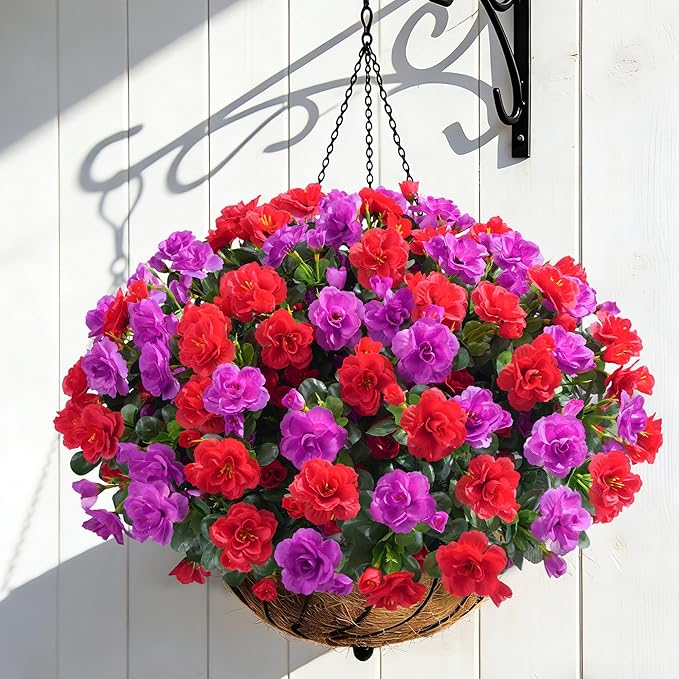 Artificial Faux Outdoor Flowers Plants for Spring Summer Decoration, Fake Silk Camellia UV Resistant Look Real for Planter Outside Front Door Porch Patio Balcony, 3 Large Bundles (Red+Fuchsia)