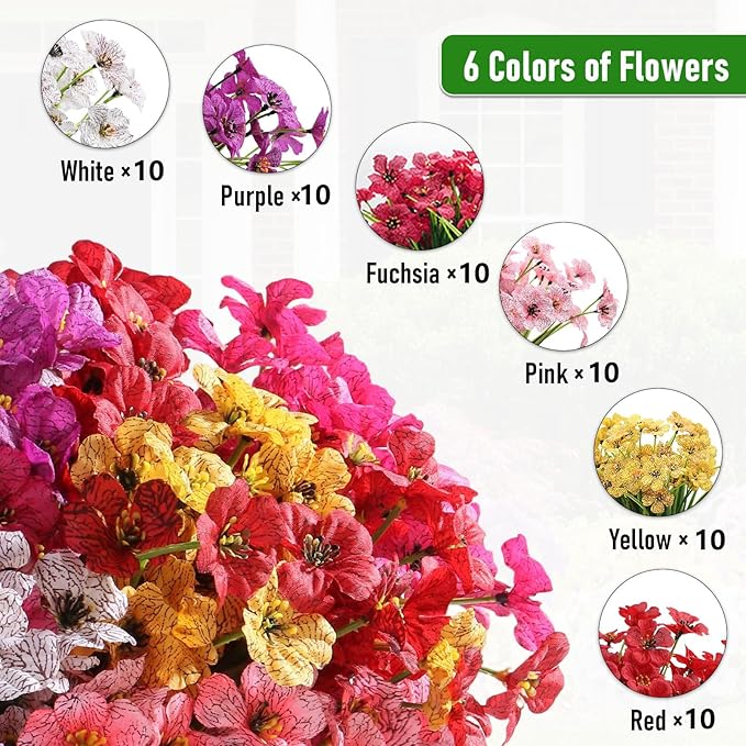 Powbrace 60 Pack Artificial Flowers Outdoor, Faux Silk Flowers for Outdoors Outside Front Porch Hanging Planter Window Box Garden Decoration(Mixed)