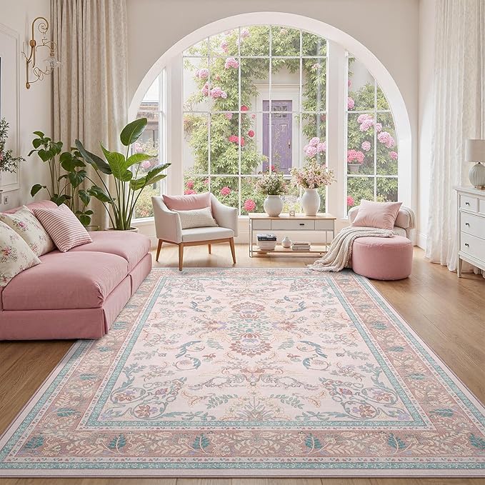 DCX 5x7 Pink Vintage Floral Rug, Machine Washable Non Slip Low Pile Carpet for Girl’s Bedroom, Nursery, Dorm, Kid & Pet Friendly Soft Stain Resistant Rug