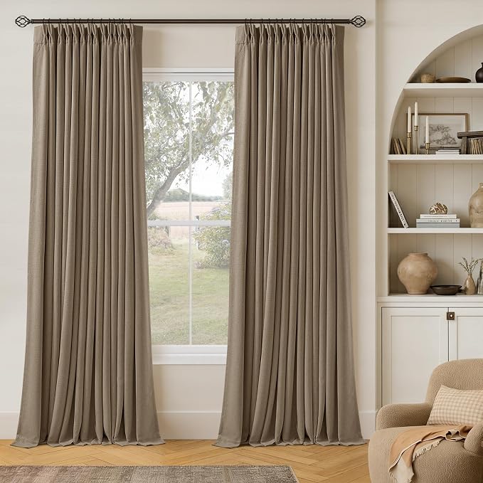 105 Inch Linen 100% Light Blocking Curtains Drapes 105 Inches Long 2 Panels Set for Bedroom Neutral Pinch Pleated Black Out Thermal Light Brown Curtain for Summer Heat Energy Efficient Latte