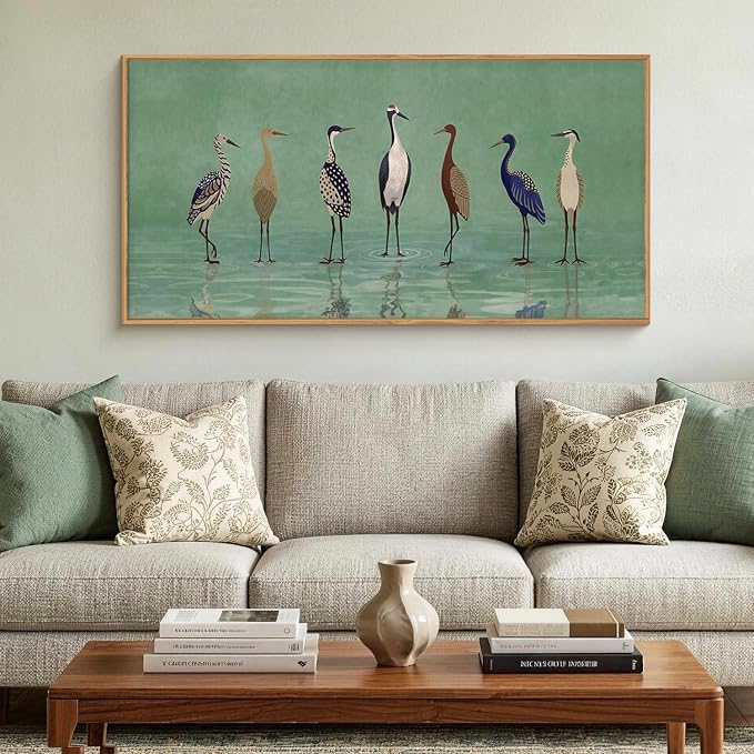 Large Vintage Birds Heron Framed Canvas Wall Art,Green Lake Wildlife Wall Decor,Minimalist Animals Art Prints,Natural Coastal Landscape Artwork for Living Room,Bedroom,Farmhouse- 20''x40''x3