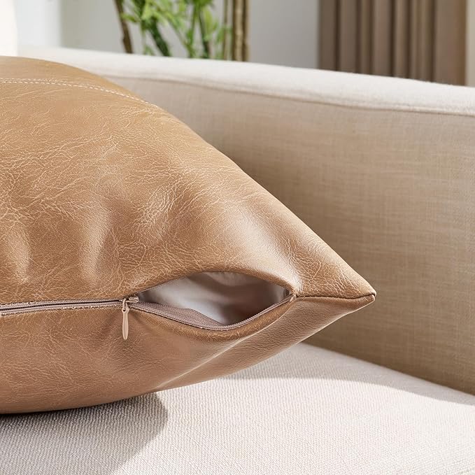 Fancy Homi Tan Long Lumbar Waterproof Faux Leather Decorative Throw Pillow Covers 14x20 Inch for Living Room Couch Bed, Beige Hand Stitched Cushion Case 35x50 cm, Taupe Modern Farmhouse Home Decor