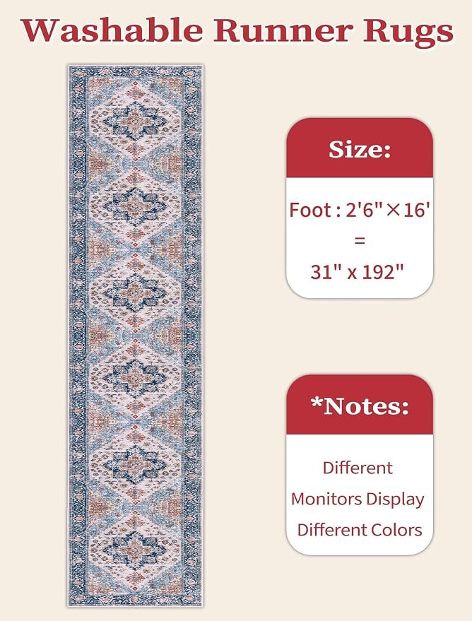SERISSA Runner Rug for Hallways, 2'6"x16' Washable Non Slip Kitchen Runner Rug, Extra Long Boho Rug Ultra Soft Vintage Blue Orange Print Floor Carpet for Bedroom Hallway Entryway Bathroom Laundry Room