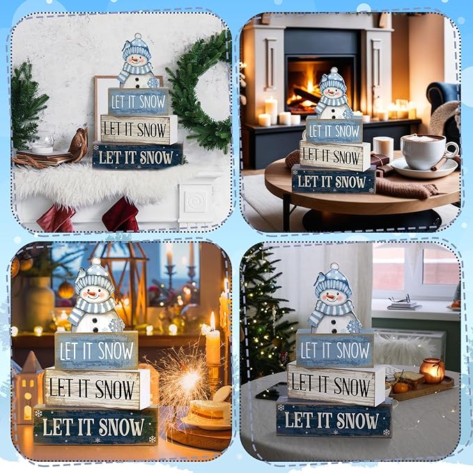 Lineshading 4 Pcs Winter Table Decoration Blue and White Snowman Decor Winter Tiered Tray Decor Christmas Centerpiece Decorative Wooden Snowman Block Sign Gift Christmas Decoration for Home Kitchen
