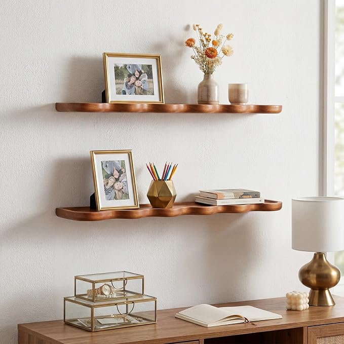 Pinkunn 2 Pcs Walnut Floating Shelves for Wall 36 Inch Wave Edge Floating Shelf Wooden Live Edge Shelves Wall Decor for Bathroom Bedroom Living Room Office, Scalloped Mounted Display Hanging Shelf