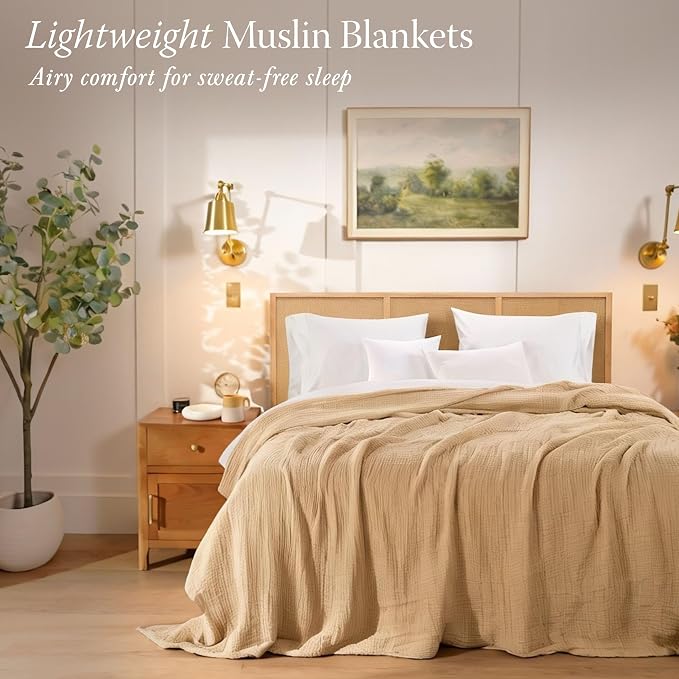 Threadmill Summer Muslin Twin Blanket | 4-Layer Gauze for Couch or Bed | Pre Washed Cozy All-Season Lightweight Blanket | 100% Cotton Ideal for Bed or Picnic Blanket | Beige Throw Blanket