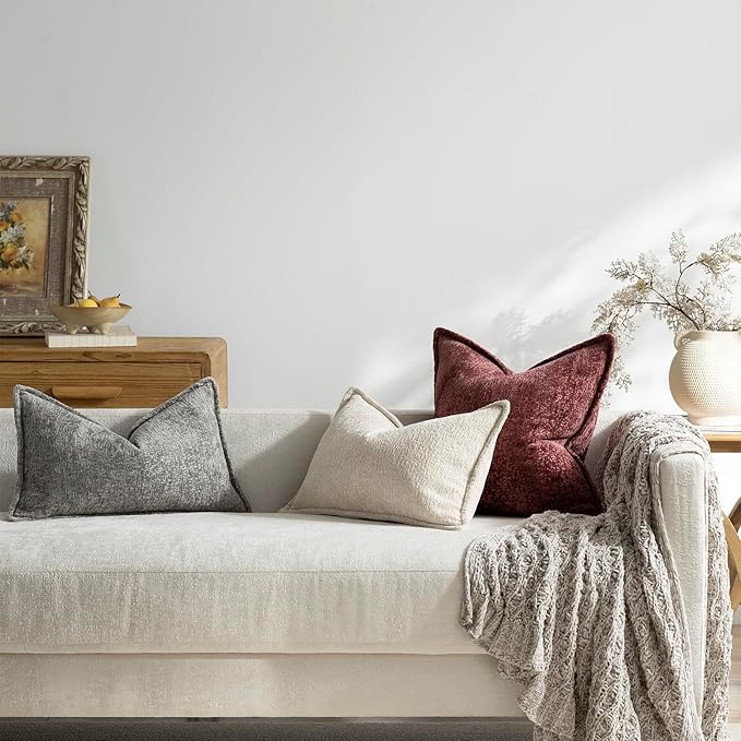 DEZENE Pack of 2 Grey Decorative Throw Pillow Covers 12x20 Cozy Soft Chenille Accent Vintage Rectangular Lumbar Couch Pillow Covers for Home Decor Bed Sofa Living Room