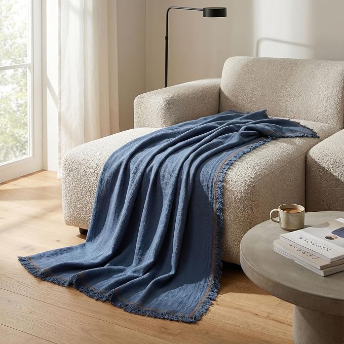 Odin Waffle Throw Blanket with Tassels, 50x66 Inch, 100% Turkish Cotton, Oeko-TEX Certified, Breathable Lightweight Throw for Couch, Sofa & Bed, Made in Turkey, Denim