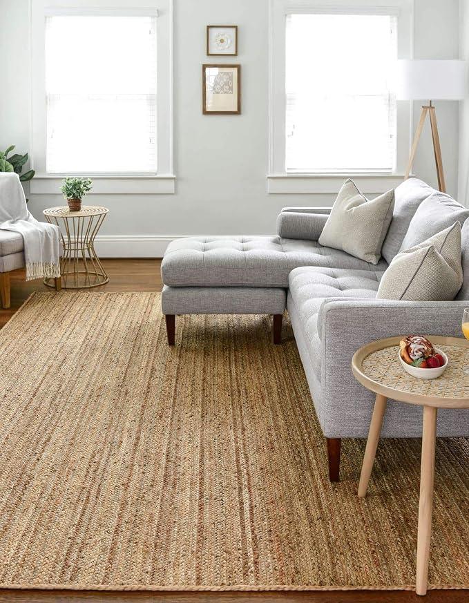 Hand Woven Jute Rug 6x9 Feet Rectangle - Handcrafted Braided Design, Indoor & Outdoor Reversible Natural Fiber Rug - Rustic Farmhouse Carpet for Living Room, Hallway, Bedroom (Natural, 6'x9')