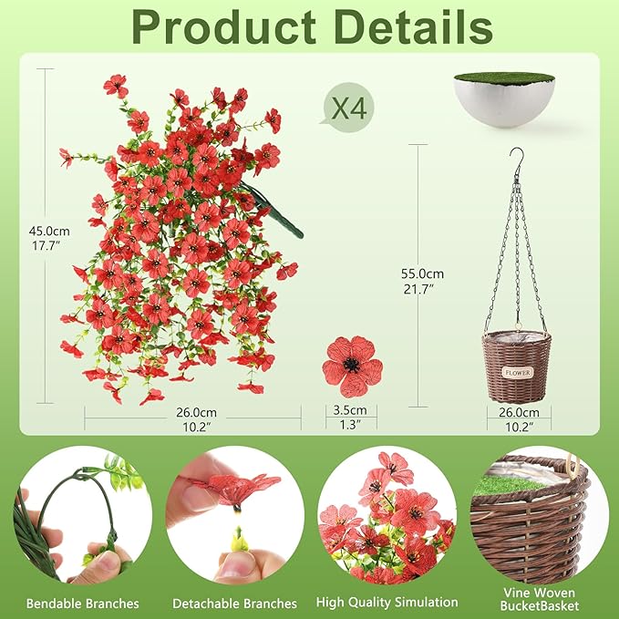 Artificial Flowers Hanging Baskets, 4 Bundles Outdoor Hanging Basket Spring Summer Decoration, No Fade Realistic Fake Flowers Plants for Porch Patio Balcony Home Yard Decor(Red)